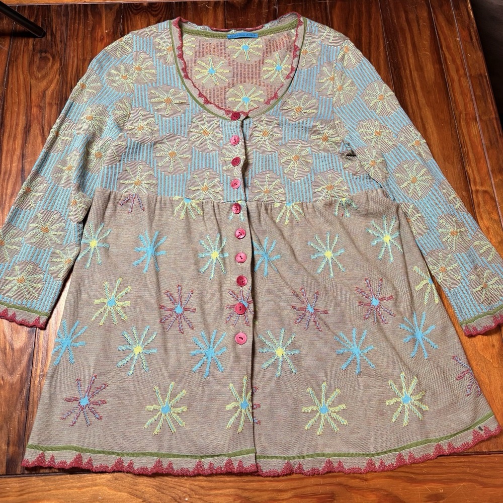 Catherine Andre Colorful Floral Sweater Knit Top Art Funky Luxury Sz L A235